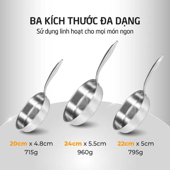 Ảnh của CHẢO INOX 5 LỚP LIỀN KHỐI CHỐNG DÍNH TỰ THÂN HARE HR-P2020; HR-P2022; HR-P2024