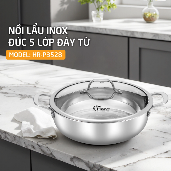 Ảnh của CHẢO, NỒI LẨU INOX ĐÚC 5 LỚP ĐÁY TỪ  HARE  HR-P3528